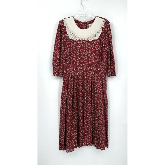 vintage 80s COTTAGECORE HOLIDAY dress midi lace bib floral prairie 3/4 sleeve L - Picture 2 of 7